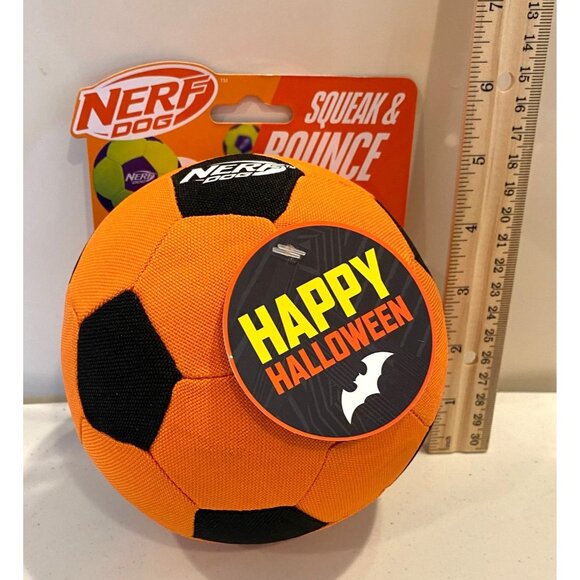 NERF DOG Halloween Squeak & Bounce 5" Orange Black Plaid Ball - Picture 2 of 3